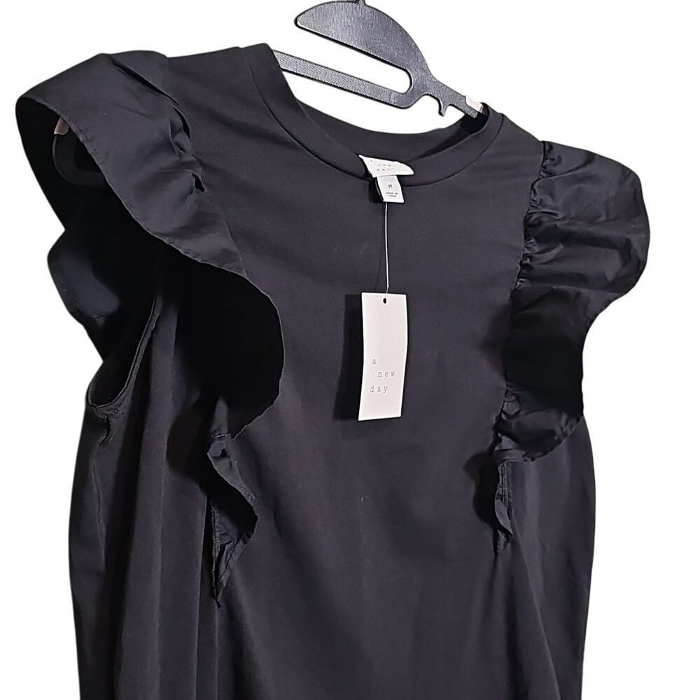 A New Day Black Ruffle Sleeved Blouse Women's Size Medium NWT - Picture 2 of 4